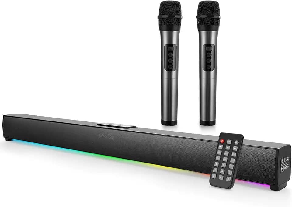 Soundbar RGB com Dois Microfones Sem Fio – 50W RMS, Caixa de Som Bluetooth para Home Theater, Karaokê Familiar, Som para TV com Visor Digital