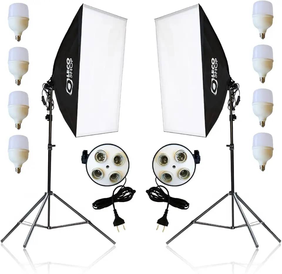 Kit 2 Softbox Fotográfico 50x70cm com 8 Lâmpadas LED 20W e 2 Tripés Ajustáveis 2m – Iluminação Contínua Profissional para Estúdio, Vídeo, Live e Fotografia