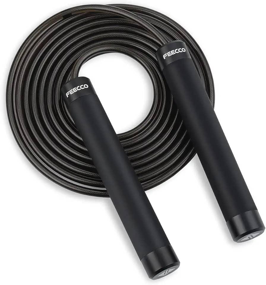 FEECCO Corda de salto ponderada de 1/2 libras para boxe, cardio, treino crossfit, cordas de aço de comprimento ajustável de 8 a 3,4 m com rolamentos de esferas e alças de metal, adequada para homens e