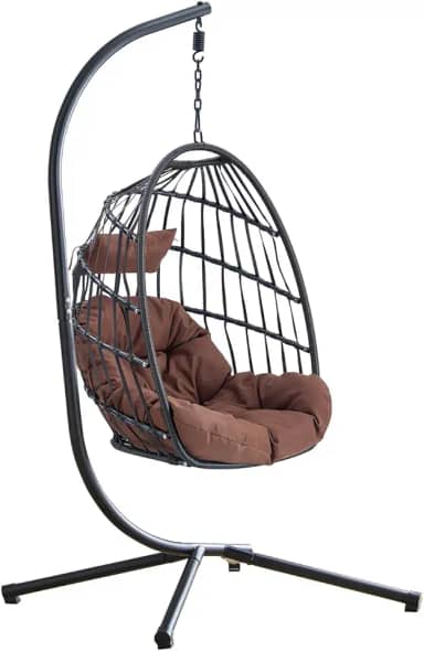 Cadeira dobrável suspensa com suporte, cadeira suspensa de vime no pátio com almofada, capacidade de 158 kg para varanda, quarto, jardim (marrom preto)