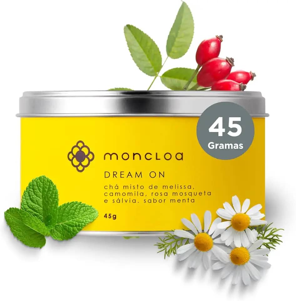 Moncloa Cha de Camomila Relaxante - Cha Misto de Melissa, Rosa Mosqueta e Sálvia com Sabor Menta - Lata 45g - Ideal Para Melhorar o Sono e Acalmar - Chá Camomila e Chá da Mamãe
