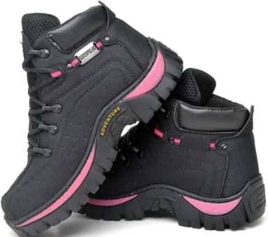 Adventure Bota Coturno Feminina em Lona Reforçada, Preto com Rosa, Cano Médio, Antiderrapante, Para Trilhas e Uso Casual, Solado Borracha, 33-44