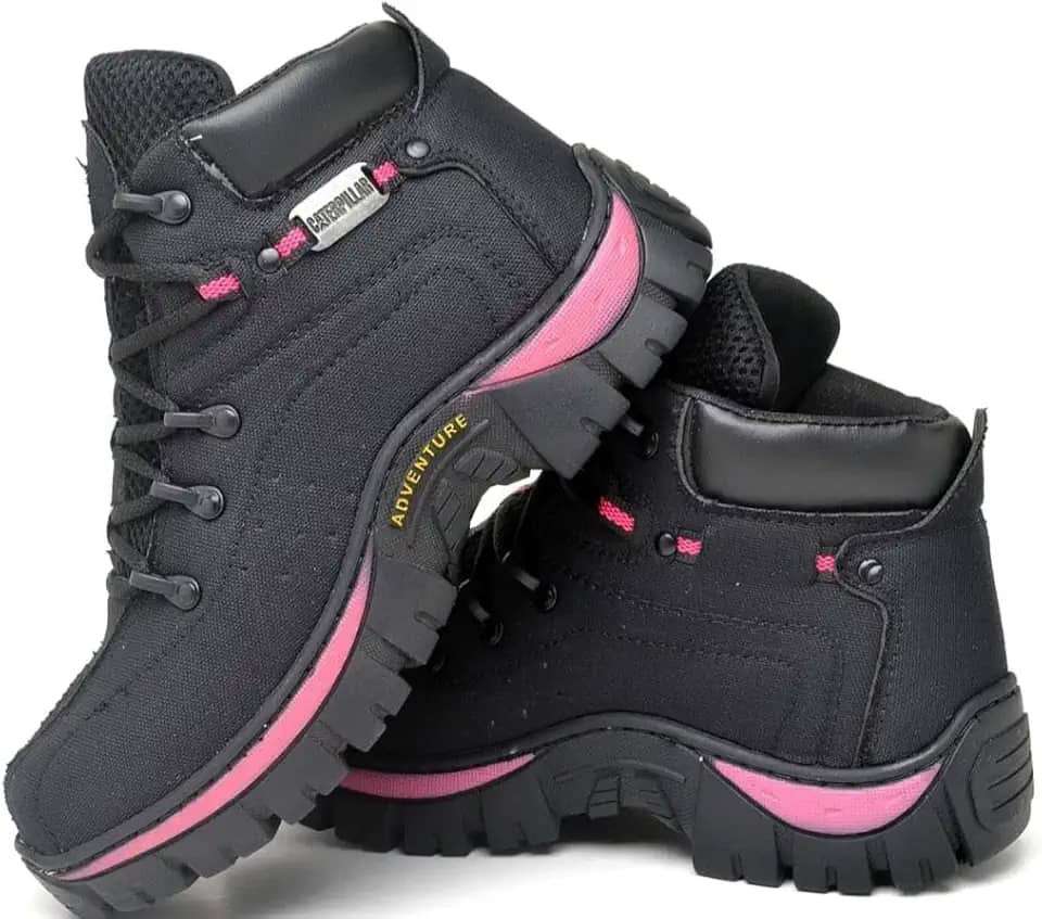 Adventure Bota Coturno Feminina em Lona Reforçada, Preto com Rosa, Cano Médio, Antiderrapante, Para Trilhas e Uso Casual, Solado Borracha, 33-44