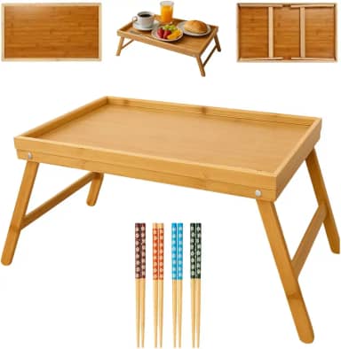 Mesa Bandeja Dobrável de Bambu para Cama e Sofá + Jogo de Hashi Bambu 4 Pares– Café da Manhã, Notebook, Refeições e Leitura – Portátil, Leve e Elegante com Pés Retráteis