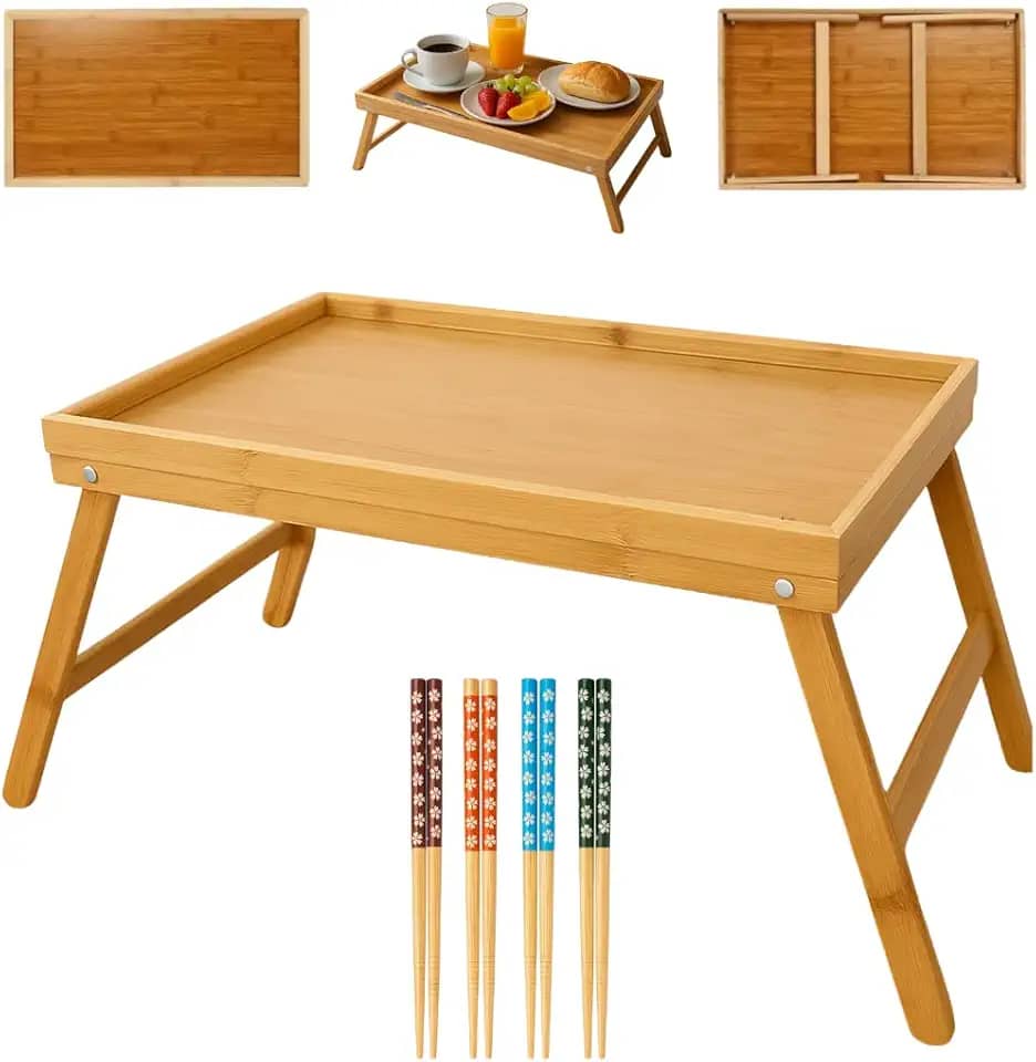 Mesa Bandeja Dobrável de Bambu para Cama e Sofá + Jogo de Hashi Bambu 4 Pares– Café da Manhã, Notebook, Refeições e Leitura – Portátil, Leve e Elegante com Pés Retráteis