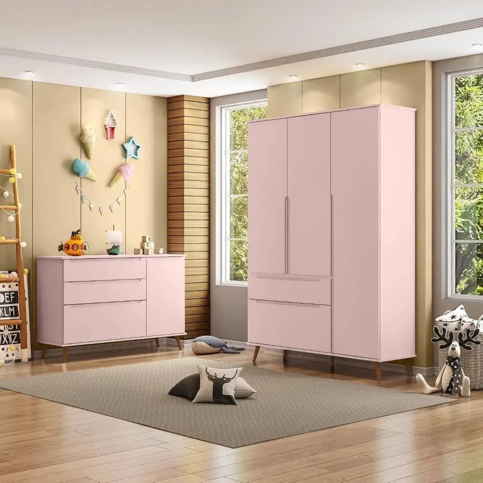Jogo de Quarto Para Bebê Completo Melinda com Roupeiro e Cômoda Rose