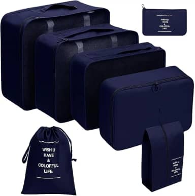 Organizador Viagem Kit 7 Peças - Necessaire para Bagagem Malas Roupas Bolsa Cosméticos Higiene - Dobrável Impermeável Multiuso Feminina Masculina Unissex Grande Compacto Prático (AZUL)