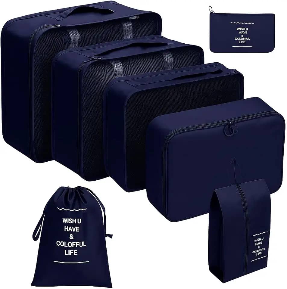 Organizador Viagem Kit 7 Peças - Necessaire para Bagagem Malas Roupas Bolsa Cosméticos Higiene - Dobrável Impermeável Multiuso Feminina Masculina Unissex Grande Compacto Prático (AZUL)