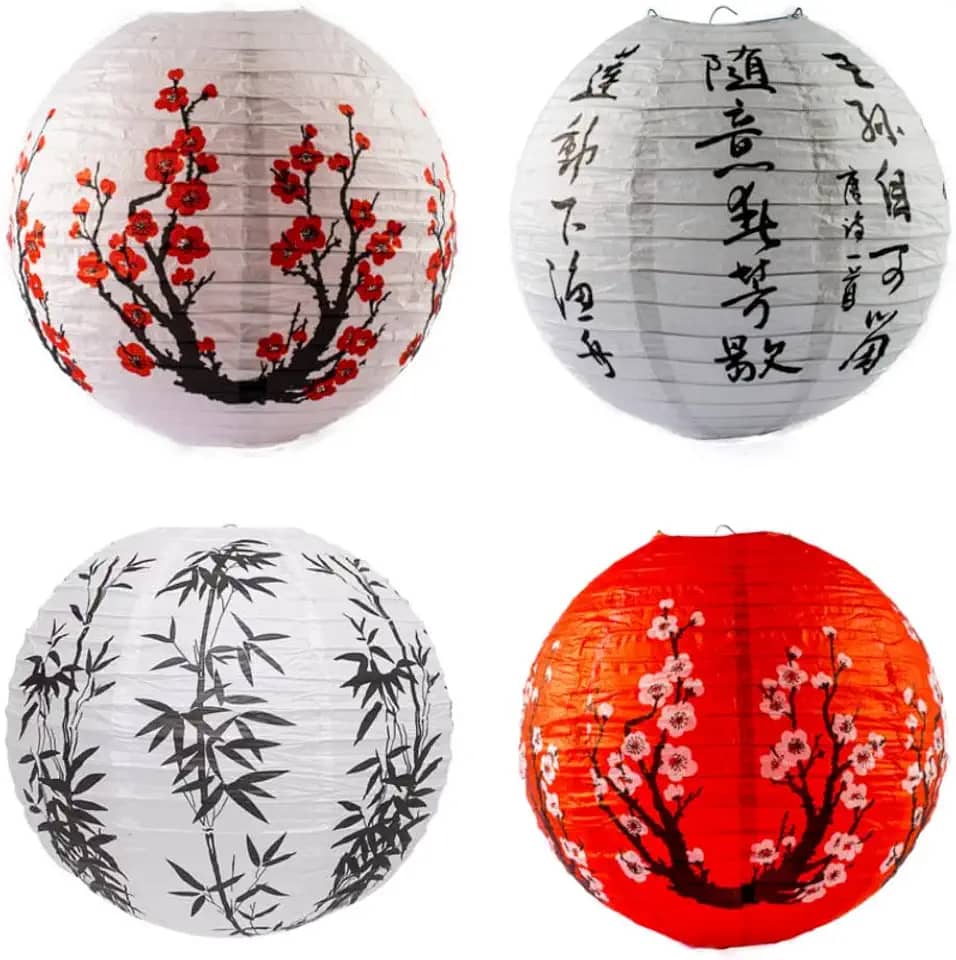 Kit 4 Luminárias Japonesa Chinesa Oriental Lanterna Estampadas Papel - 30 cm