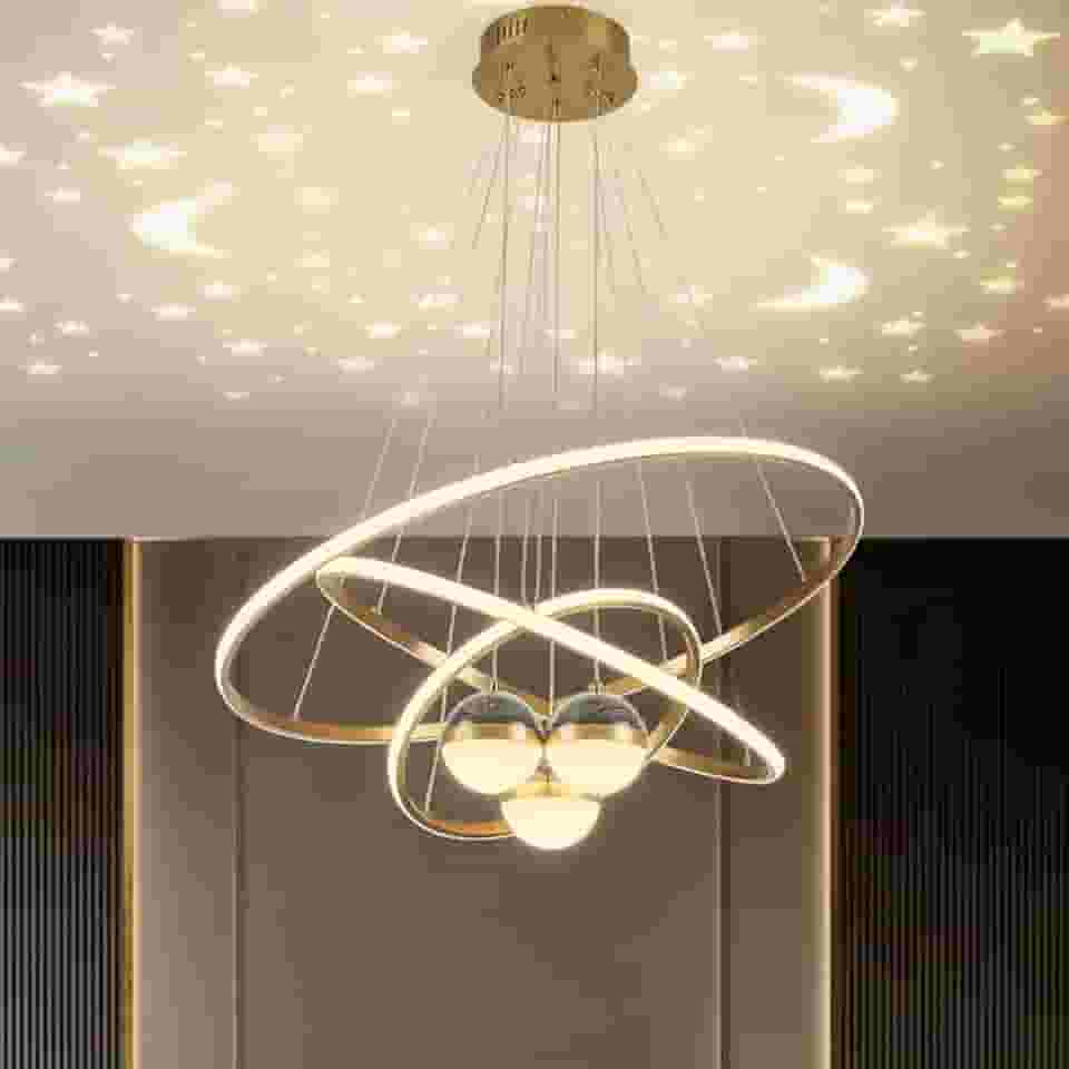 Lustre LED Dimerizável com Projeção de Galáxia e 3 Anéis | Luminária Pendente para Sala de Jantar sobre Mesa, Ilha de Cozinha, Sala de Estar e Quarto com 3 Cores (Ouro)