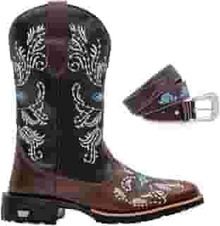 Kit Bota Texana Feminina Couro Country Bico Quadrado Café Azul com Cinto 10000