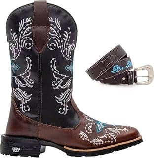 Kit Bota Texana Feminina Couro Country Bico Quadrado Café Azul com Cinto 10000