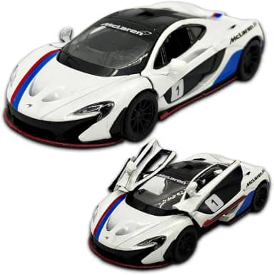 Carrinho de ferro miniatura McLaren P1, abertura de portas, com fricção, 12,5 CM, Em metal, 1/36, Pneus em borracha, Kinsmart (Branco Numerada)