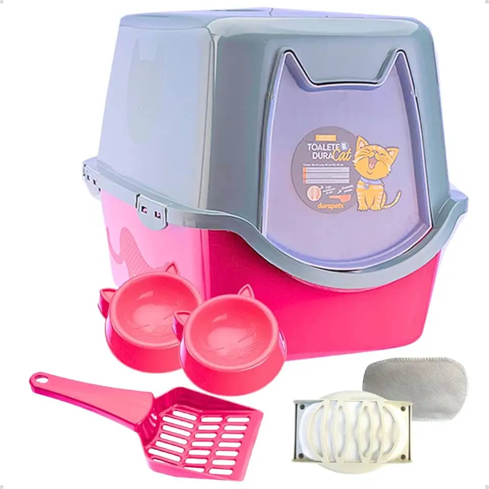 Caixa de areia para Gatos Rosa Toalete Duracats Banheiro Bandeja Sanitário Higiênico Facil Limpeza Confortável com Comedouros e Pá
