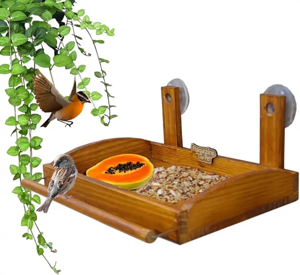Comedouro Bandeja De Madeira Passarinho Com Ventosa Para Janela
