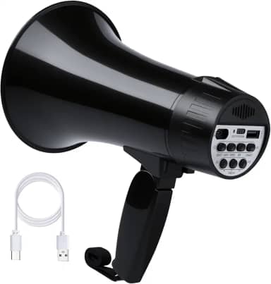 Megafone Bullhorn recarregável de 20 watts com sirene e gravação 240s, entrada BT e USB, alto-falante megahone com visor de energia e alça portátil (preto)