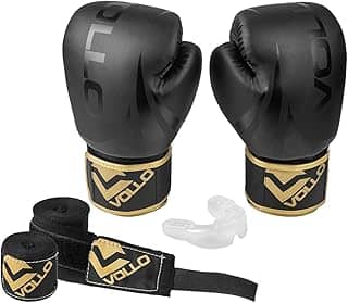 Vollo Kit Luva de Boxe e Muay Thai Preta + Protetor Bucal Transparente + Bandagem Elástica Preta 3m