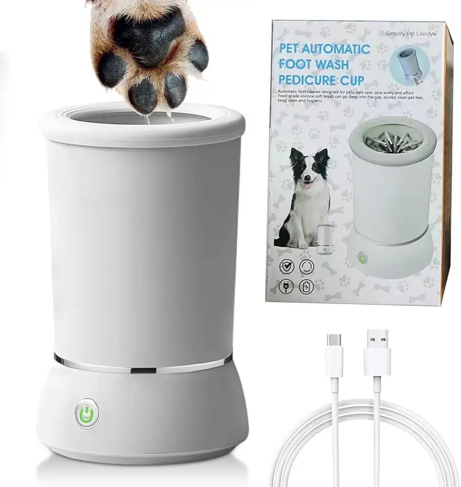 Winb Limpador e massageador elétrico de patas de cachorro, copo de lavagem portátil recarregável por USB, máquina automática de limpeza de pés para cães pequenos a médios (branco)