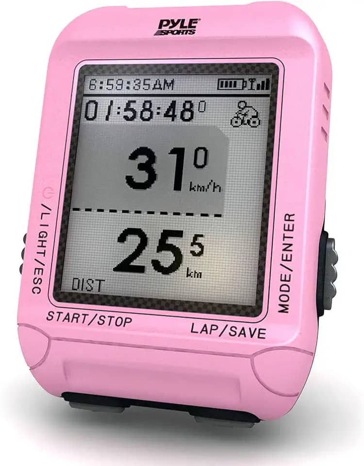 Monitor de GPS para computador Pyle Bike compatível com mapa My Run e Strava com Ant+ para monitor de frequência cardíaca, sensor de velocidade/adência, rosa