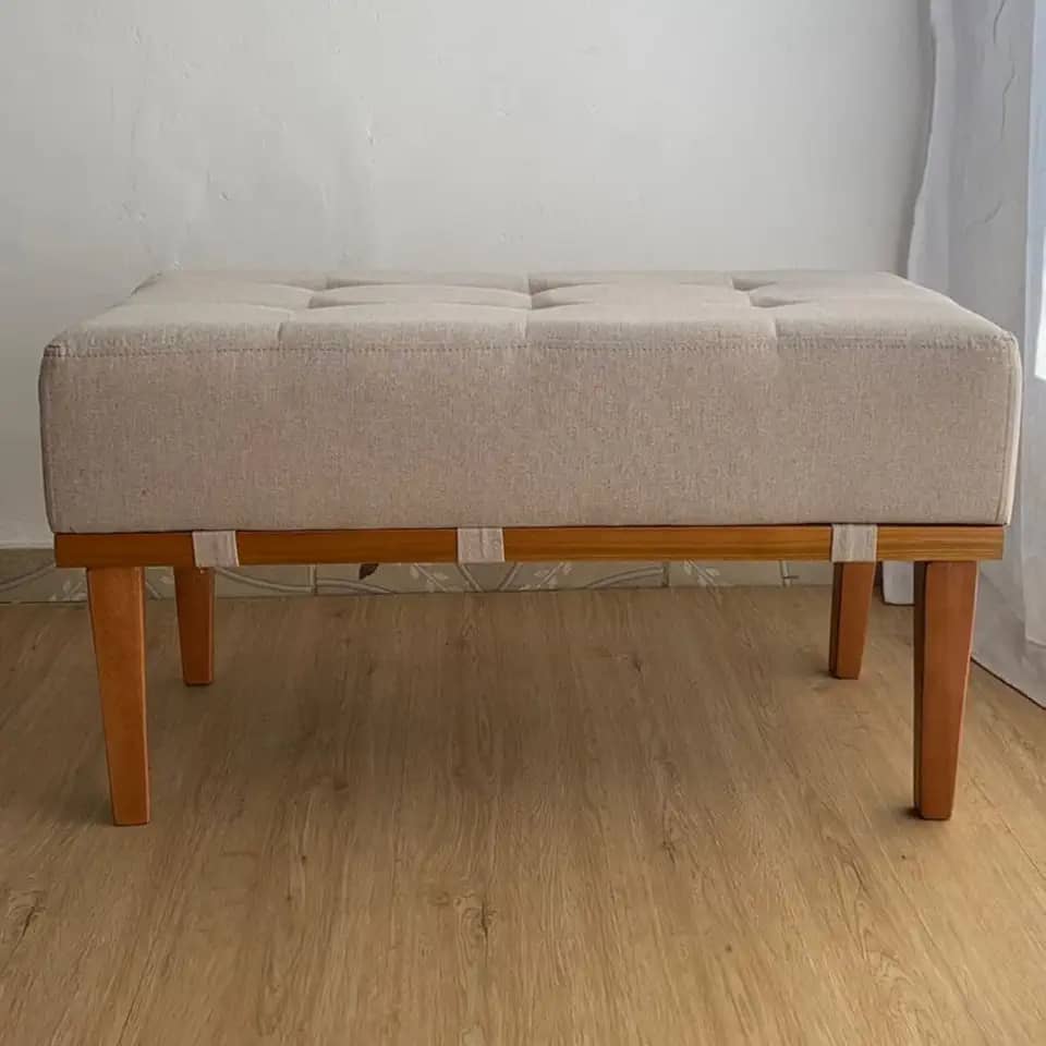 Puff Retangular Mini Recamier Em Linho E Madeira Maciça 80 cm (Linho Bege)