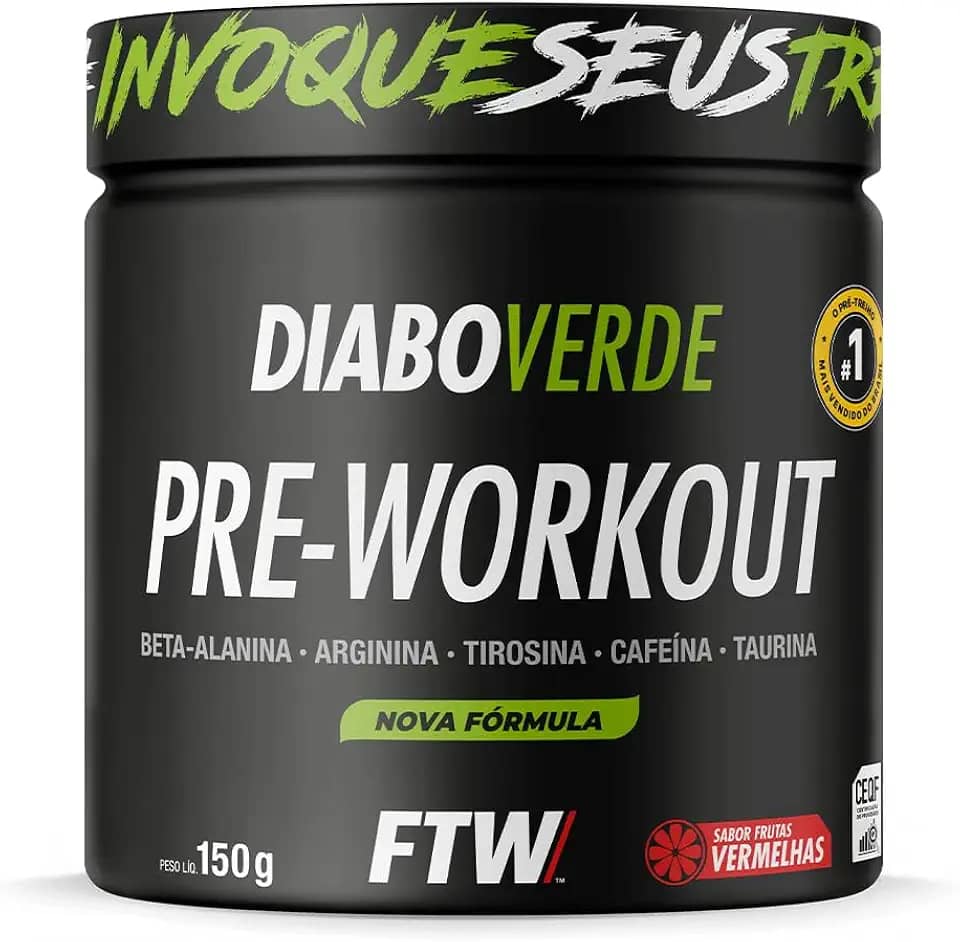 FTW Pré-Treino Diabo Verde em Pó com Cafeína, Aminoácidos Beta‑Alanina e Arginina para Treinos e Atividades Físicas - Pote 150 g (Sabor: Frutas Vermelhas)
