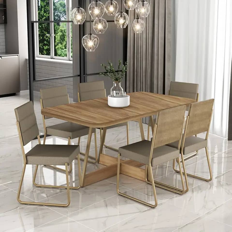 Conjunto Sala de Jantar 6 Cadeiras Charlotte Carraro Nogal (Dourado)