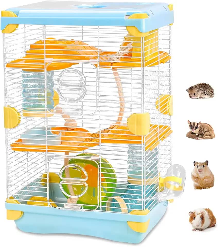 Gaiola Hamster, Terrario Gaiola para Hamster, Gaiola para Hamster 27.5X 20.5 X 42.5 CM Azul, Gaiola de Tubo Super Luxuosa 3 Camadas Hamster Escada