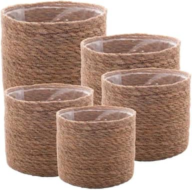 WOLFF - Conjunto 5 Cachepots de Fibra Natural com Forro de Plástico