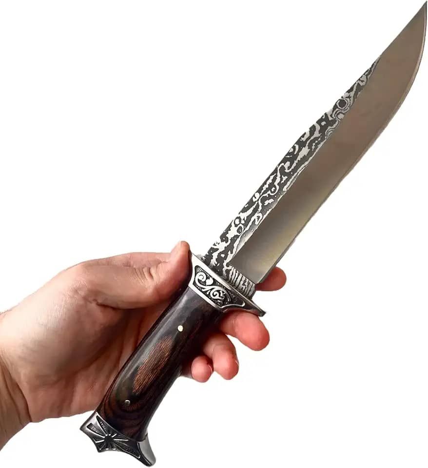 Faca Artesanal Para Churrasco Cabo de Madeira Lâmina em Aço Inoxidável Estructura Monobloco Com Bainha 30,5cm