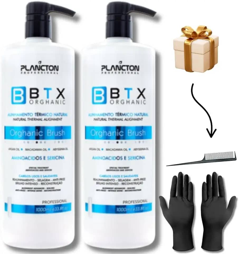 Plancton BTX Orghanic Alisamento Térmico Natural, Kit com 2 Unidades de 1000ml, com Óleo de Macadâmia e Argan, Todos os Tipos de Cabelo