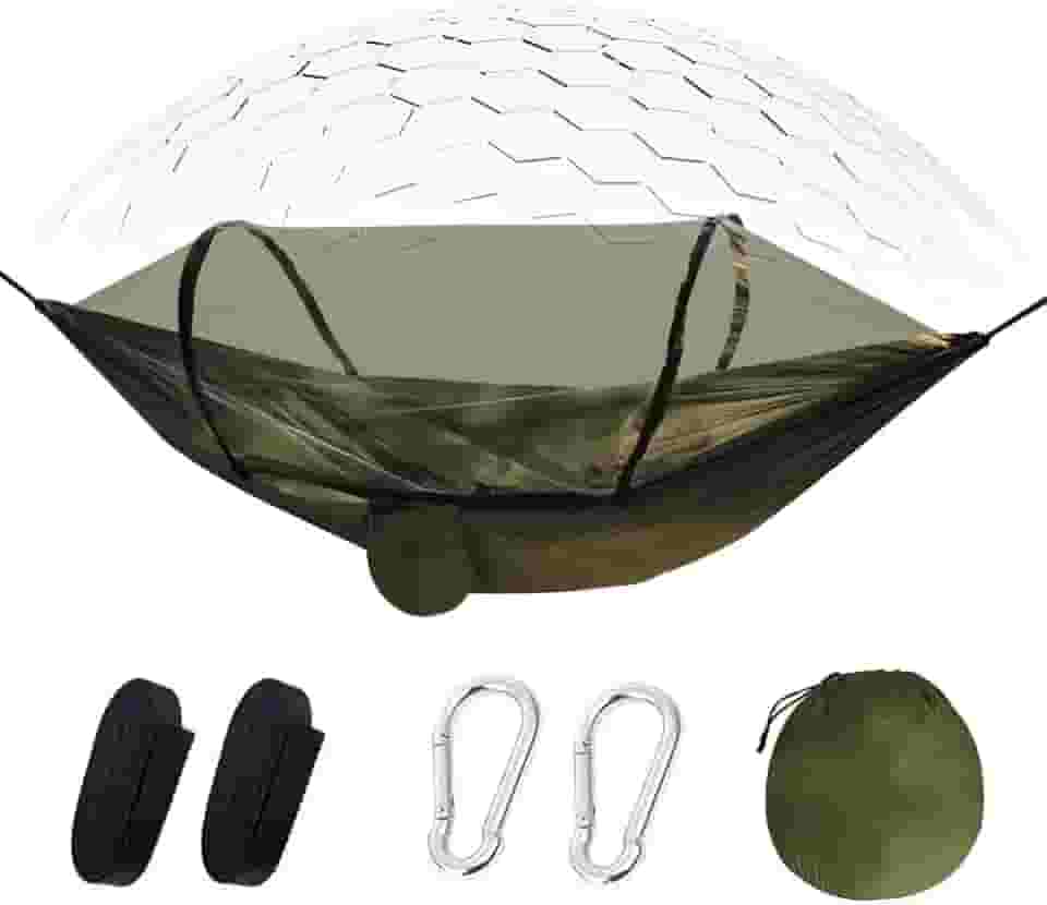 Rede de Camping com Mosquiteiro,240 * 160cm Material 210T Bom giro, Suporte 250kg,Portátil Dobrável Rede de Árvore Acampamento (Corda+Mosquetão),Montagem Rápida,para Praia,Jardim e Aventuras Outdoor.