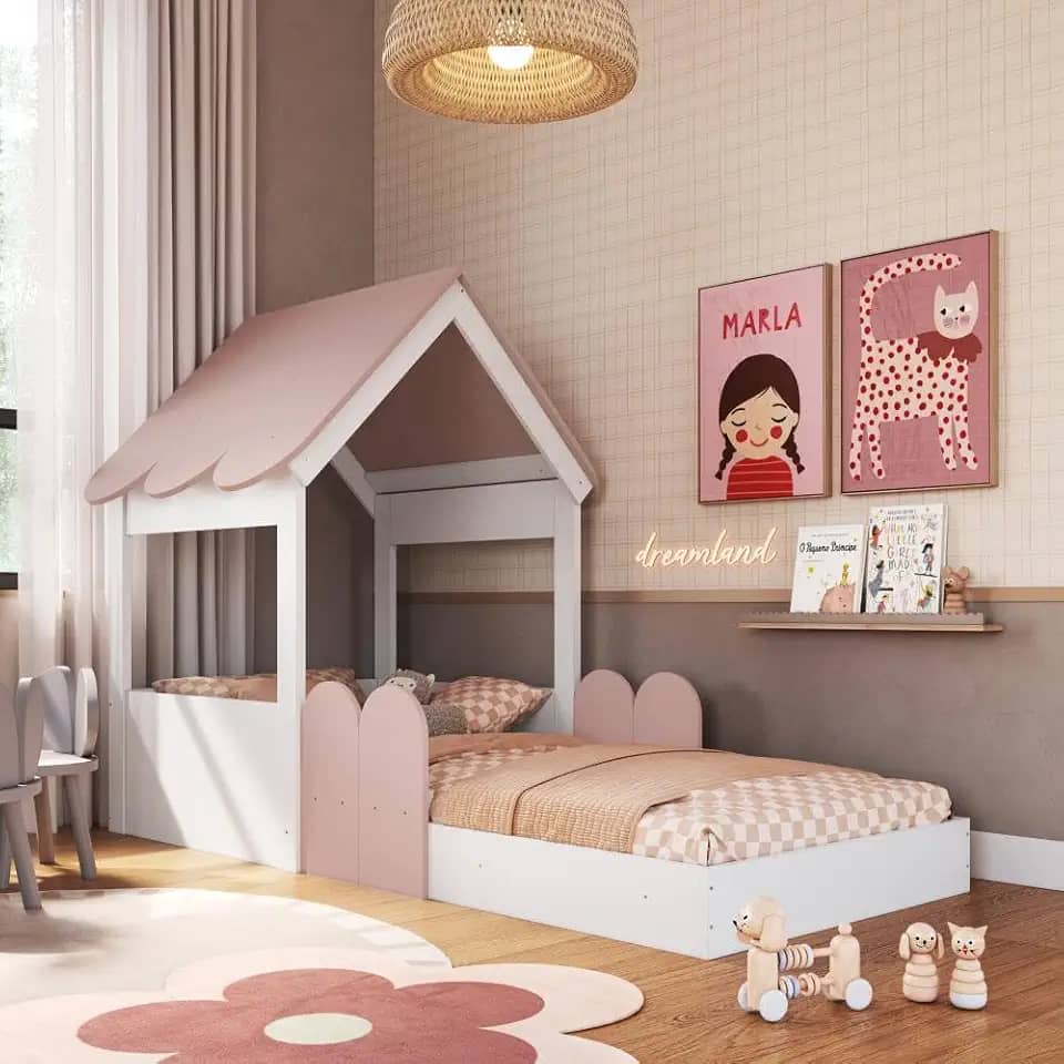 Cama Montessoriana Infantil Casa Solteiro Branco/rosa - Completa Móveis
