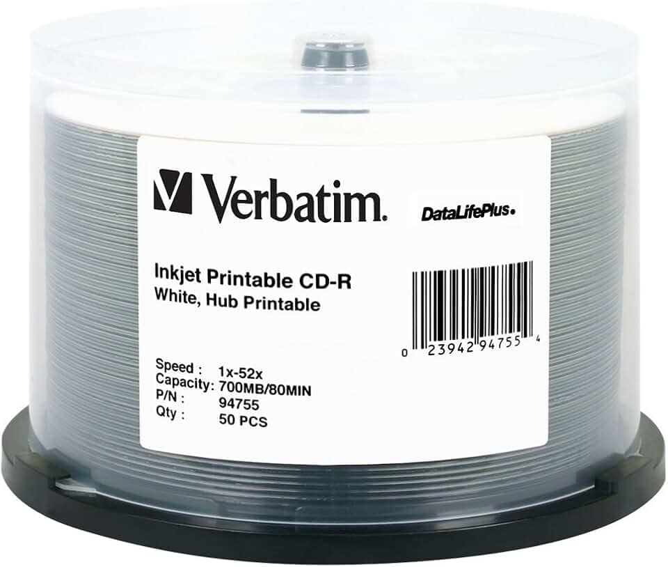 Verbatim Cd-R 700Mb 52X Datalifeplus White Tintajet Imprimível, Hub Imprimível - 50Pk Fuso - 94755 Branco 50 Discos