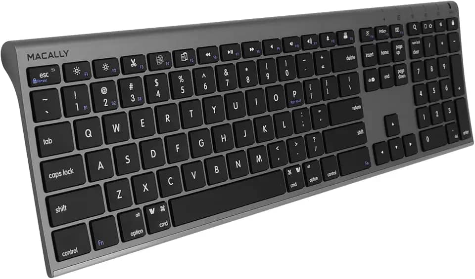 Macally Teclado Bluetooth sem fio para Mac – compatível com teclado Apple ou MacBook Pro/Air, iMac – vários dispositivos, até 3 dispositivos com 110 teclas, 20 atalhos, teclado numérico e recarregável