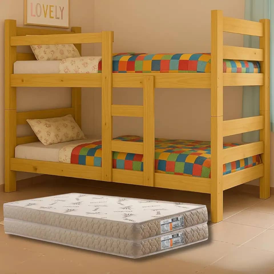Beliche Madeira Maciça, Duas Camas Solteiro, Completa com Colchões D20 Premium, Segurança e Reforço Extra, até 120kg