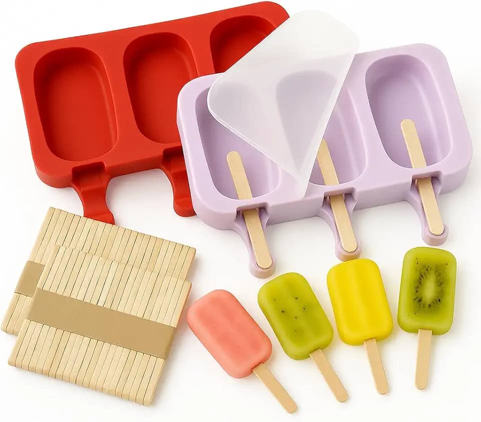 Kit 2 Formas Sorvete Picole Caseiro Silicone Com 3 Cavidades Tampa 100 palitos