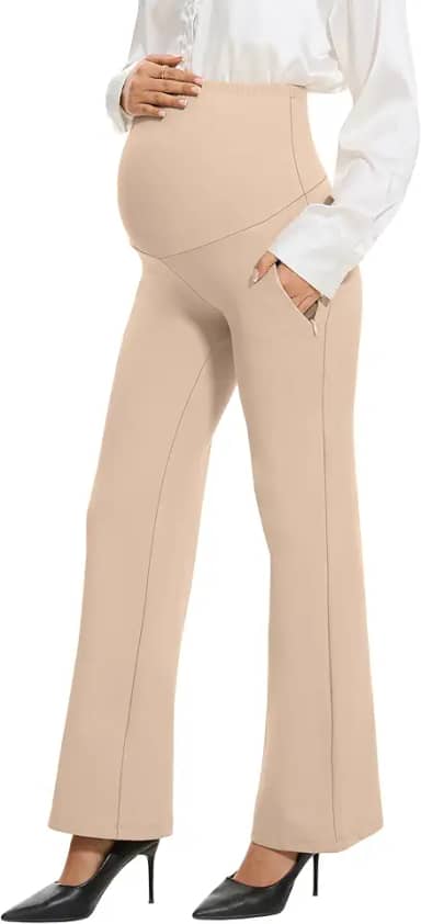 Calça social para gestantes com sensação suave de perna larga sobre a barriga pequena/regular com bolsos 305