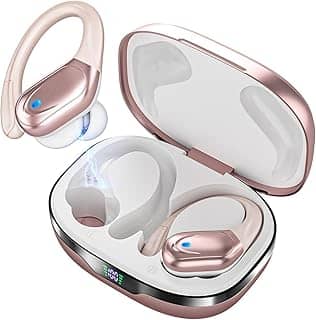 Fones de Ouvido Bluetooth Sem Fio, 80h de Bateria, Esportivos com Gancho, IPX5 à Prova d'Água, Graves Potentes, Cancelamento de Ruído, Compatível com iOS, Android e Bluetooth 5.3 (Ouro Rosa)