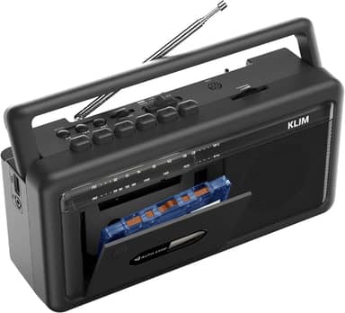 KLIM Leitor de cassete portátil e gravador de fita – Boombox com rádio AM/FM, USB, Bluetooth, alto-falante e fone de ouvido – operado por bateria e CA – Preto