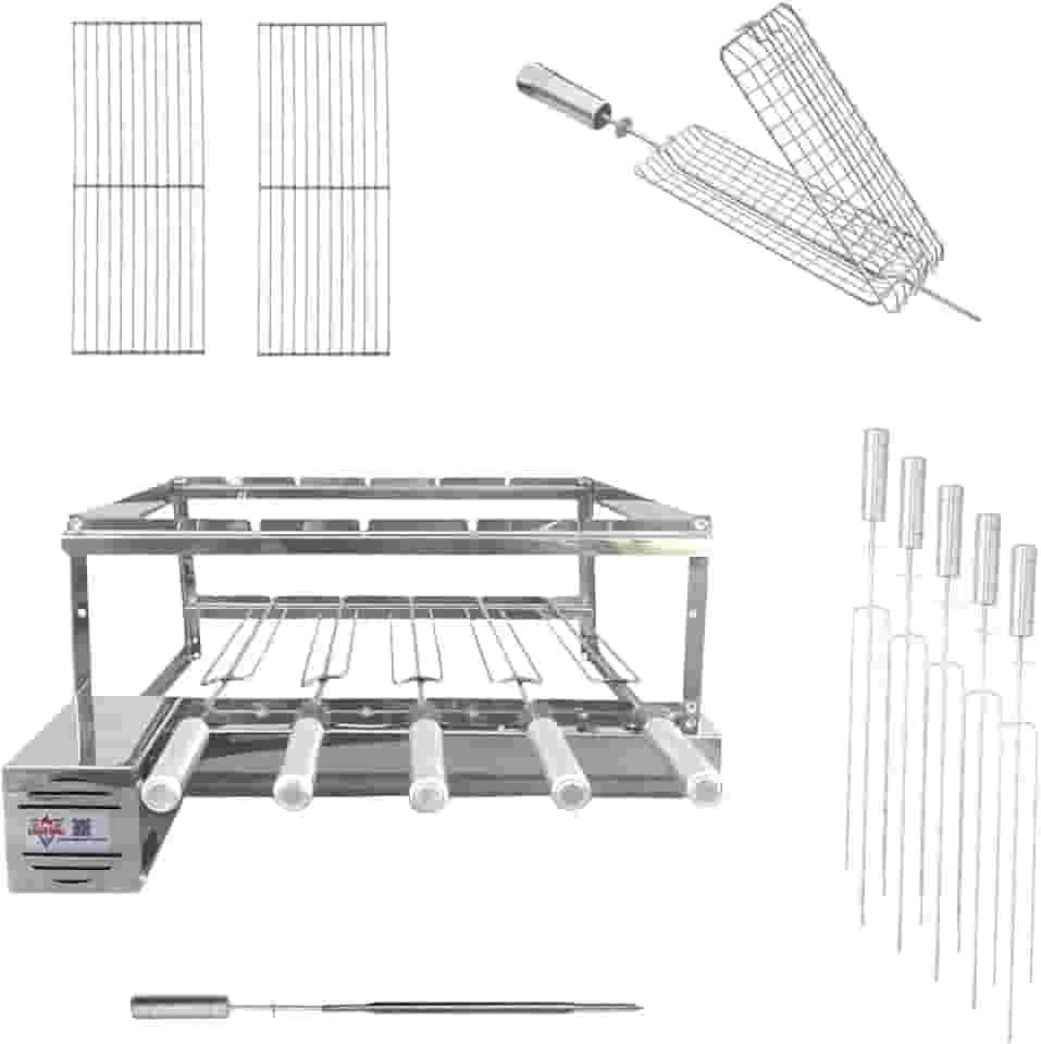 Kit Churrasqueira Gira Grill Inox 5 Espetos com Motor na Frente e 2 Grelhas Auxiliares, 1 Espeto grelha giratória e 1 Espeto Espada