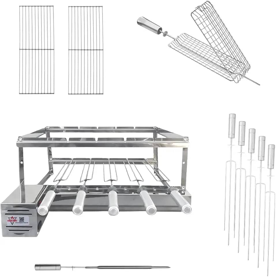 Kit Churrasqueira Gira Grill Inox 5 Espetos com Motor na Frente e 2 Grelhas Auxiliares, 1 Espeto grelha giratória e 1 Espeto Espada