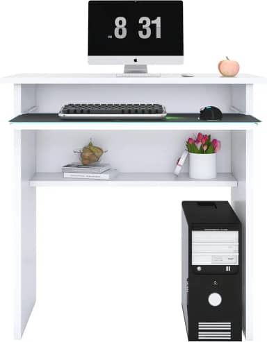 Mesa para Computador Compacta, 76 cm Altura, 60 cm Largura, Branca, com Prateleira para Teclado
