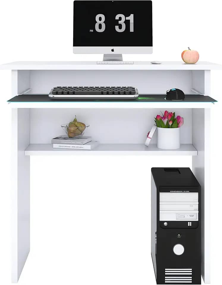 Mesa para Computador Compacta, 76 cm Altura, 60 cm Largura, Branca, com Prateleira para Teclado