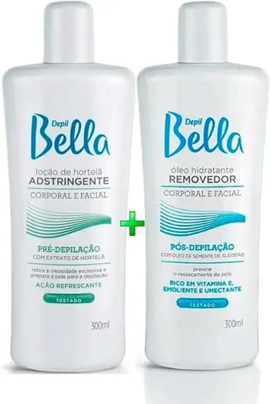 Depil Bella Kit Pré e Pós-Depilação, Loção Adstringente de Hortelã e Óleo Hidratante Removedor, 300ml Cada