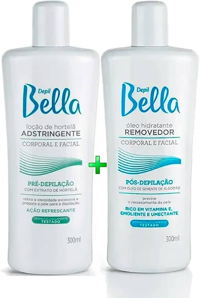 Depil Bella Kit Pré e Pós-Depilação, Loção Adstringente de Hortelã e Óleo Hidratante Removedor, 300ml Cada