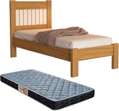 Cama Solteiro Bela Com Painel Ripado E Colchão (Nature/OFf)