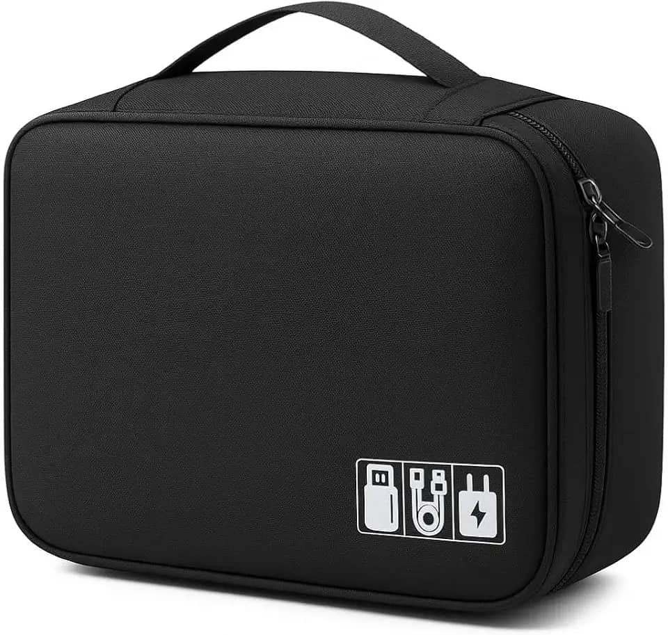 Nécessaire Organizadora Multifuncional Porta Fios Cabos Carregadores HD Fones Estojo Maquiagem Viagem Compacta Bolsa Case Alça de Mão (Preto)