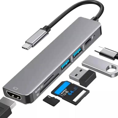Adaptador Hub USB-C 7 em 1 com Saída HDMI 4K a 60Hz, 7 Portas, USB 3.0, Leitor de Cartão SD, Carregamento Rápido Multiportas e Fonte de Alimentação Tipo C - Premium