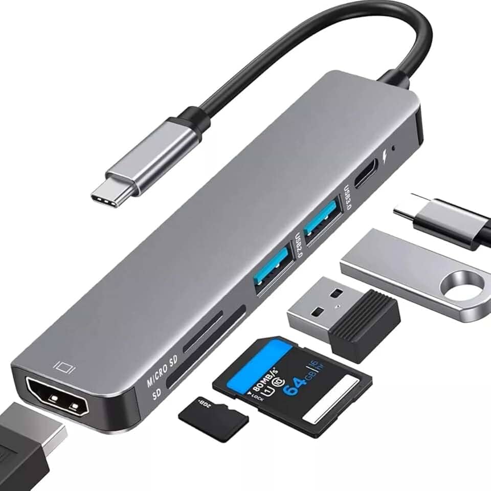 Adaptador Hub USB-C 7 em 1 com Saída HDMI 4K a 60Hz, 7 Portas, USB 3.0, Leitor de Cartão SD, Carregamento Rápido Multiportas e Fonte de Alimentação Tipo C - Premium
