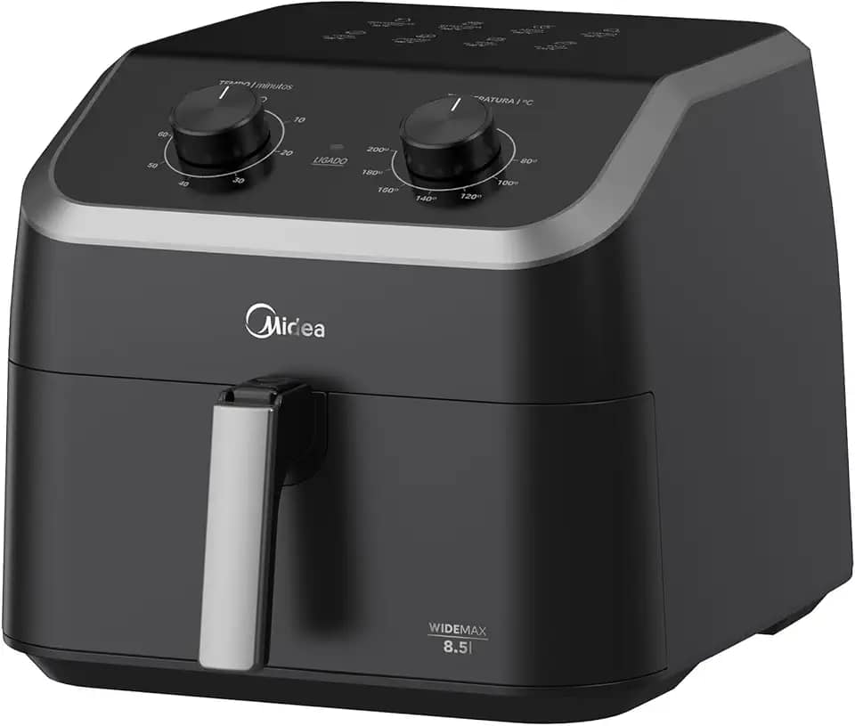 Fritadeira Midea Air Fryer 8,5L, design com dois botões, ampla faixa de temperatura de 80°C a 200°C, cesto antiaderente e prato para vegetais, 1900W, 110V, FWM85P1